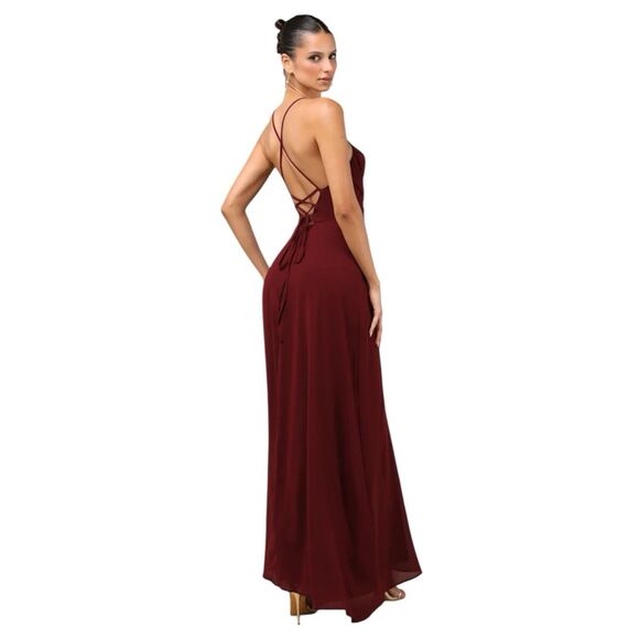 Lulus Event Ready Maxi Dress Womens XL Backless Lace Up Chiffon Slit Formal NWOT - Picture 2 of 7